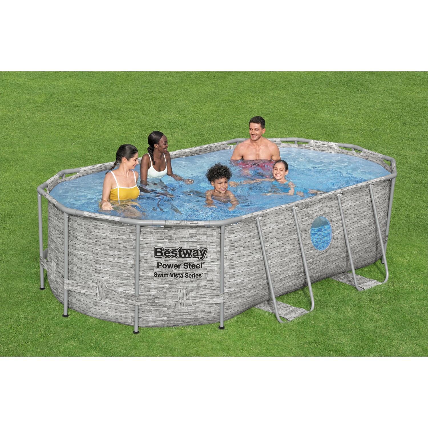 Bestway Stahlrahmenpool Set Power Steel Swim Vista, oval, grau, mit Familie im Wasser.