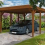Skan Holz Carport Friesland Nussbaum mit Auto. Einzelcarport mit Aluminiumdachplatten.