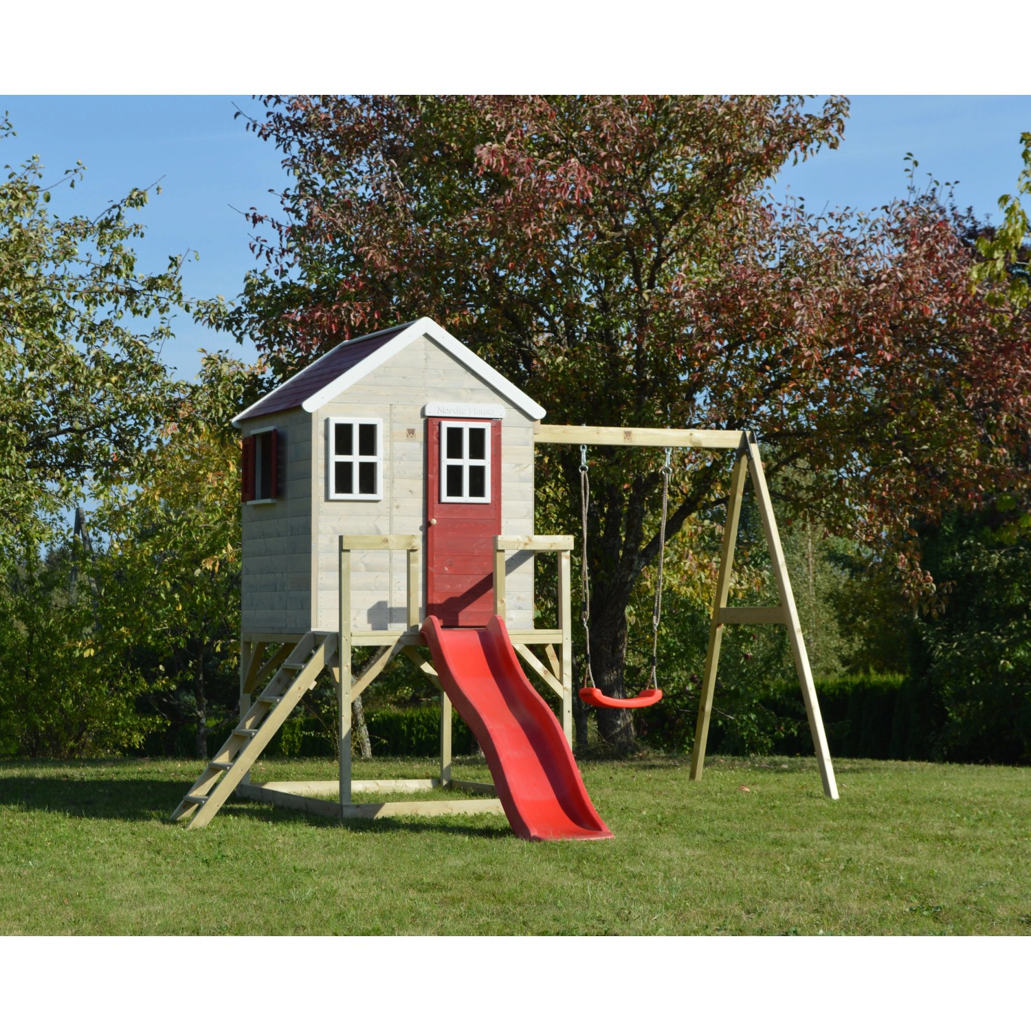 Wendi Toys Kinderspielhaus Elefant mit Rutsche und Schaukel im Garten.