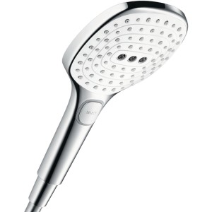 Hansgrohe Raindance Select E 120 3jet Handbrause in Weiß-Chrom mit Select-Knopf.