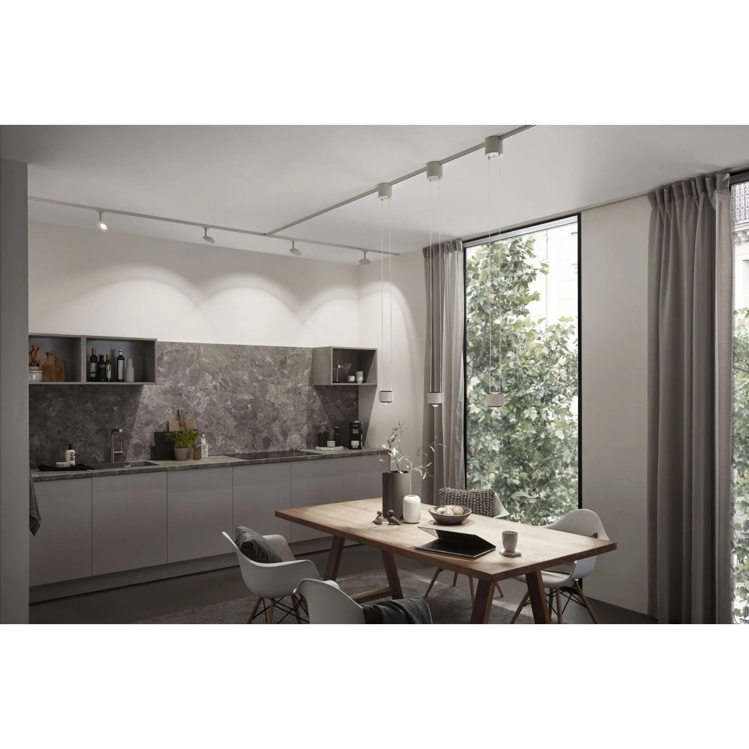 Paulmann LED-Pendelleuchte Aldan URail, signalweiß, im modernen Küchenambiente.