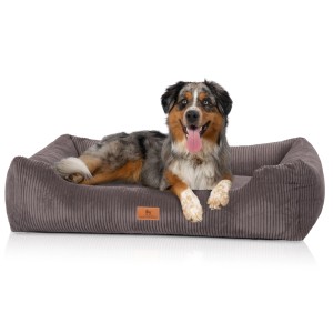 Braungraues Knuffelwuff Hundebett Olivia Cord XXL (120x85cm) mit Hund.