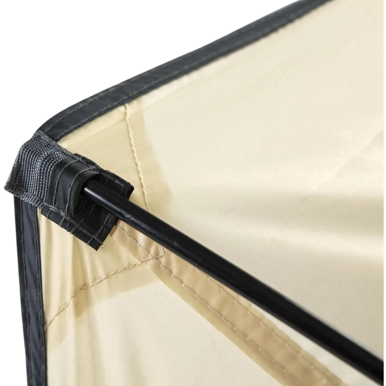 Detailaufnahme: Bestway LAY-Z-SPA Sonnenschutzdach, beiges Gewebe mit schwarzem Rahmen und Stange.