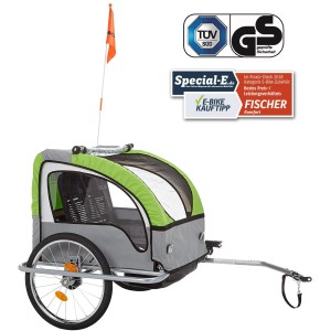 Fischer Kinder-Fahrradanhänger Komfort, grau-grün, mit LED-Beleuchtung für sichere Radtouren.