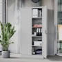 Grauer JAN NOWAK Metallschrank JAN D600 mit offenen Türen, zeigt flexible Regale für Ordner und Bürobedarf. Ideal für Büro & Werkstatt.