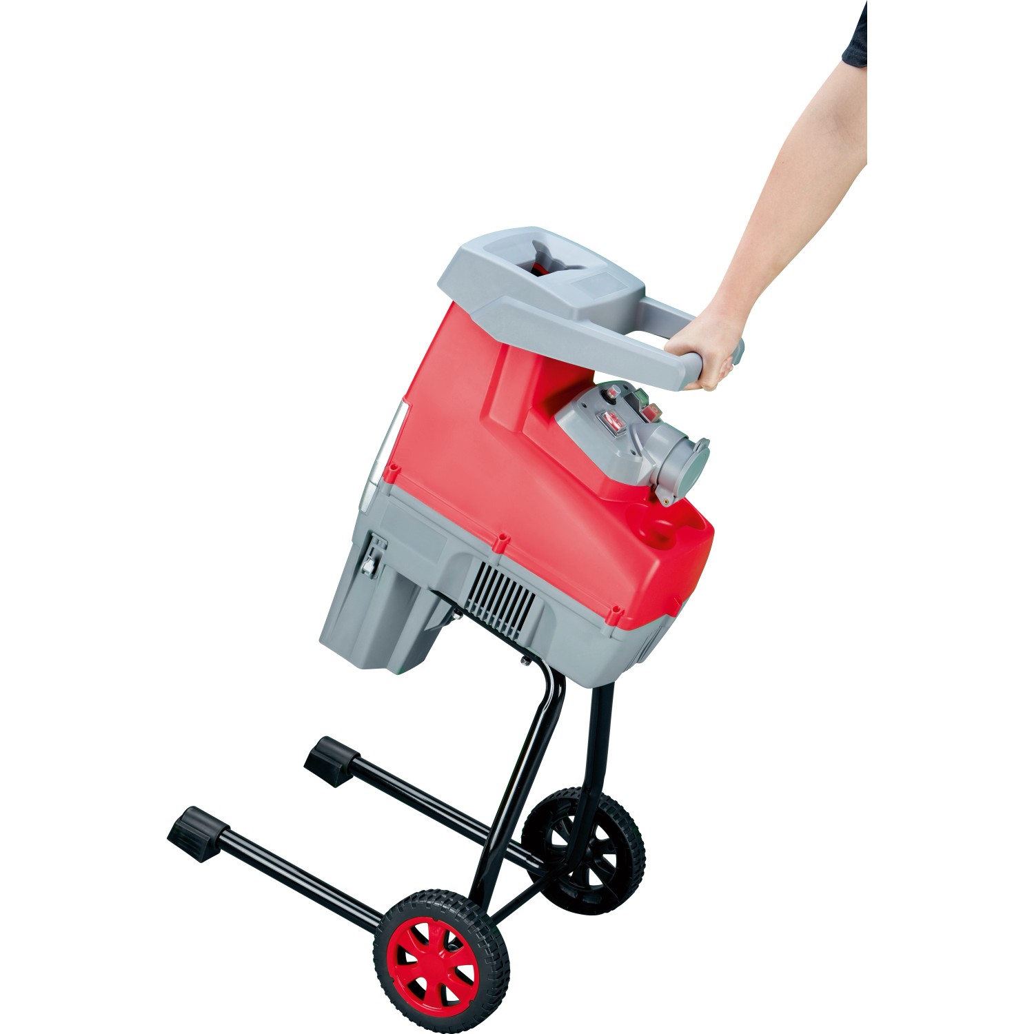Leisehäcksler C-ELH-2500/44, rot/grau, mit Rädern und Griff für einfachen Transport.