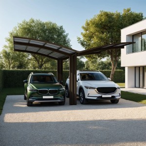 Ximax Carport Portoforte-80 in Mattbraun mit zwei geparkten Autos unter dem Carport.