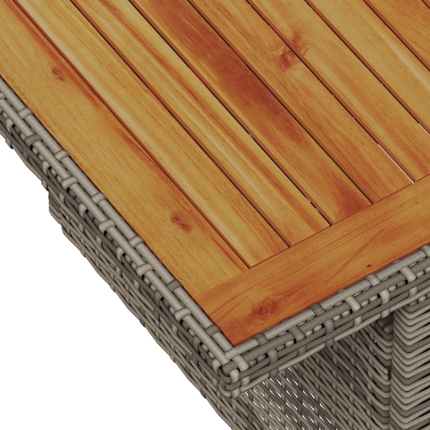 Detailansicht: Gartentisch des vidaXL Garten-Sofa-Sets aus grauem Poly Rattan mit Holzplatte.