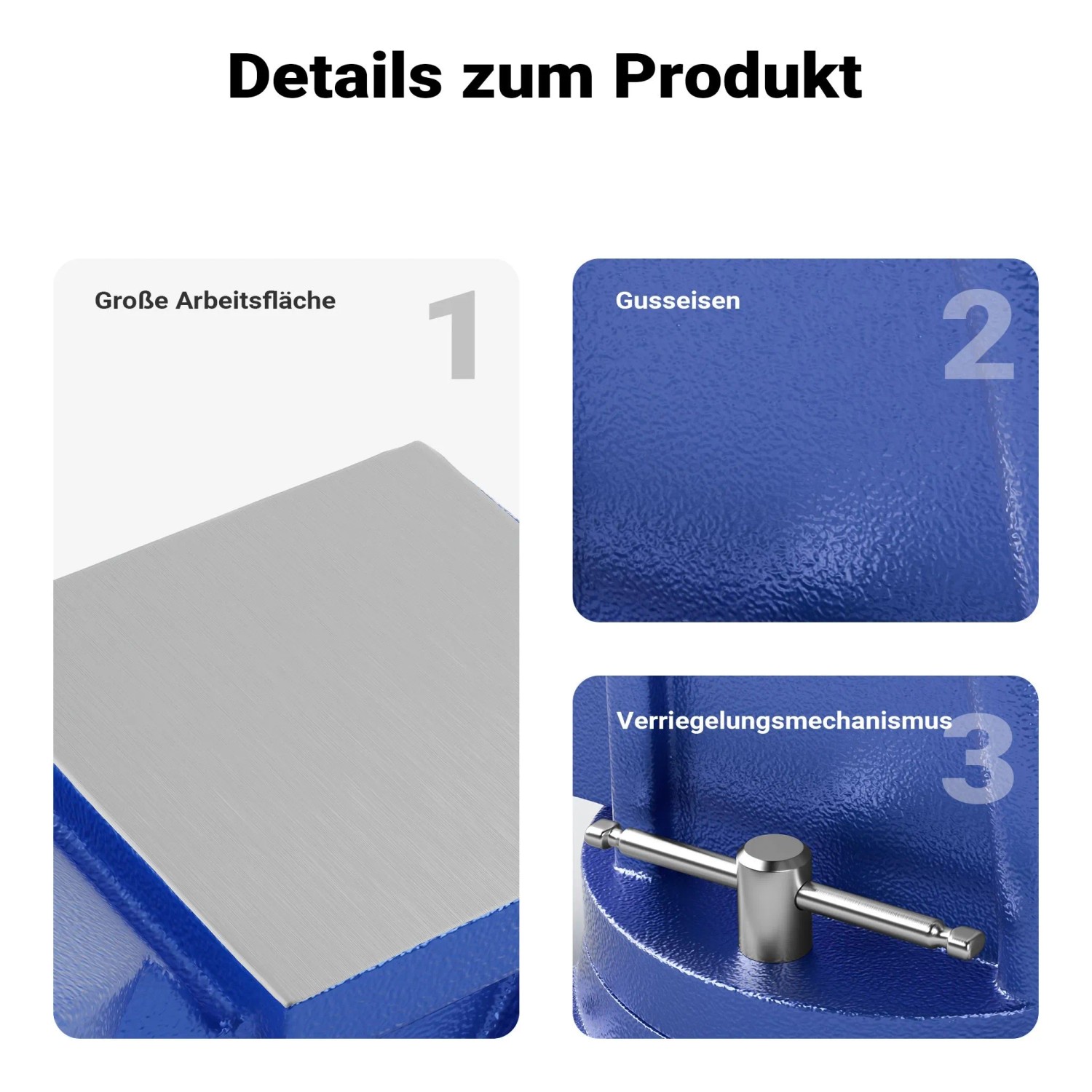 Blauer Wiltec Schraubstock mit 100mm Klemmbacke, Gusseisen-Korpus, großem Amboss und Verriegelungsmechanismus.