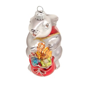 Weihnachtsornament: Silberner Hase Paul mit rotem Geschenkesack, 10cm, von Krebs Glas Lauscha.