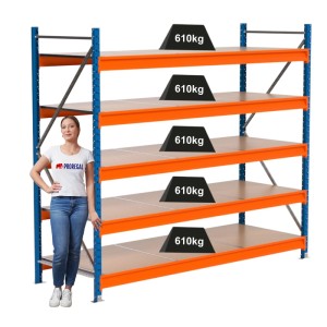 PROREGAL Industrie Weitspannregal Lagerregal MAXIMUS PRO Grundregal HxBxT 200x225x80cm 5 Spanplatten-Fachboden Fachlast 610kg Blau/Orange