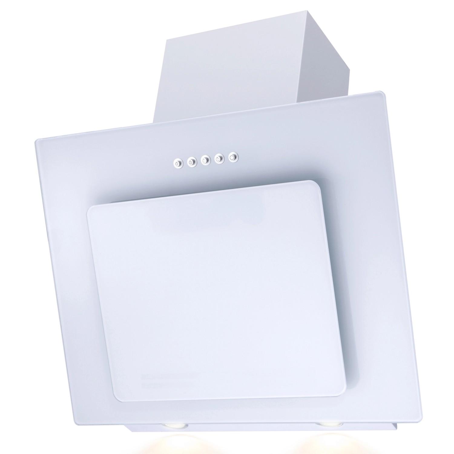 Weiße Dunstabzugshaube aus der Flex-Well Exclusiv Küchenzeile Valero mit Randabsaugung und LED-Beleuchtung.