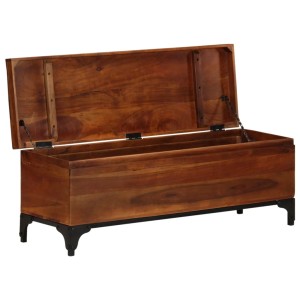 Offene vidaXL Aufbewahrungstruhe aus Akazie Massivholz, 110x35x41 cm, mit schwarzem Metallgestell.