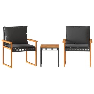 vidaXL Bistro-Set, 3-teilig, schwarz, Poly Rattan, Akazienholz, mit Kissen. Gartenmöbel-Set mit Tisch und Stühlen.