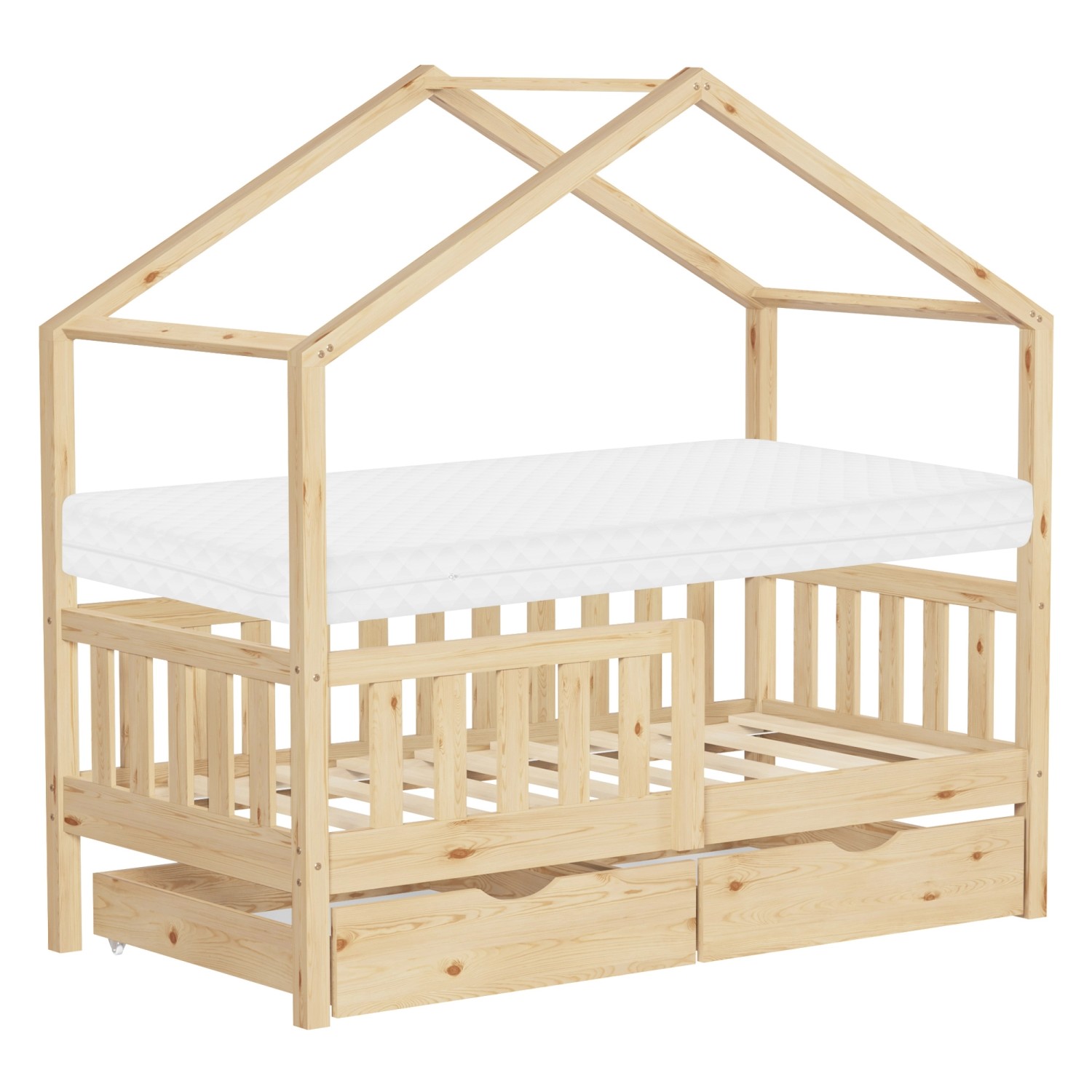 ML-Design Hausbett mit Matratze 70x140 cm & 2 Schubladen Natur Kiefer