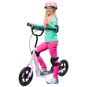 Mädchen mit rosa Helm und Schutzausrüstung auf HOMCOM Kinderroller mit Hinterbremse.