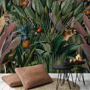 Fototapete Aaliyah (280x200 cm) mit Dschungelmotiv, Blättern und Tieren für eine natürliche Wandgestaltung.
