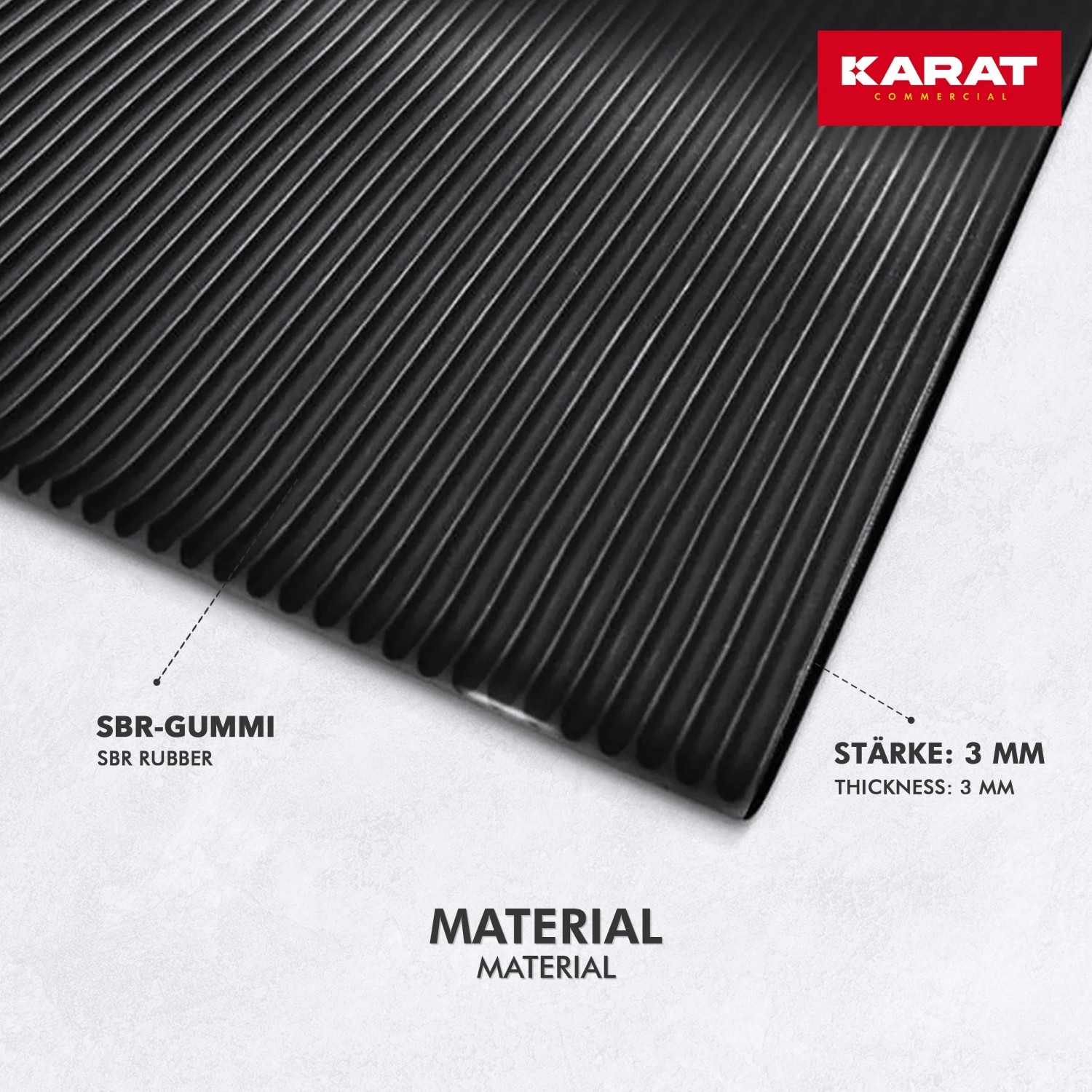 Schwarze KARAT Gummimatte, fein gerippt, aus SBR-Gummi, rutschfest, 200x200x0,3 cm.