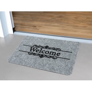 Graue Ripsmatte „Welcome“ 40x60 cm vor einer Tür. Fußmatte für den Innenbereich mit Schriftzug.