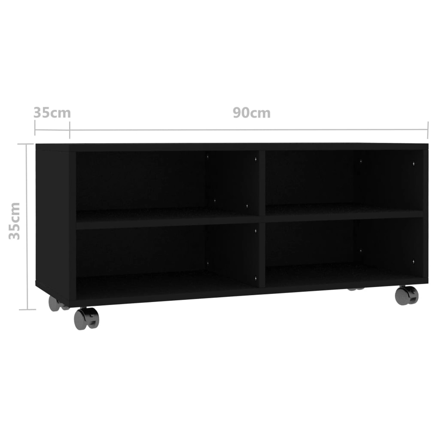 Schwarzer VidaXL TV-Schrank mit Rollen, 90x35x35 cm, aus Holzwerkstoff mit 4 offenen Fächern.