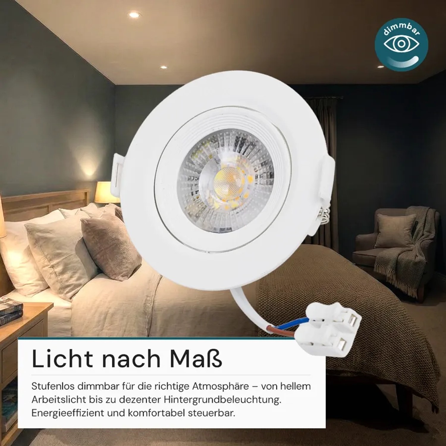 Dimmbarer, weißer LUXULA LED Einbauspot, 5W, mit Farbwahl, montiert in Schlafzimmerdecke.