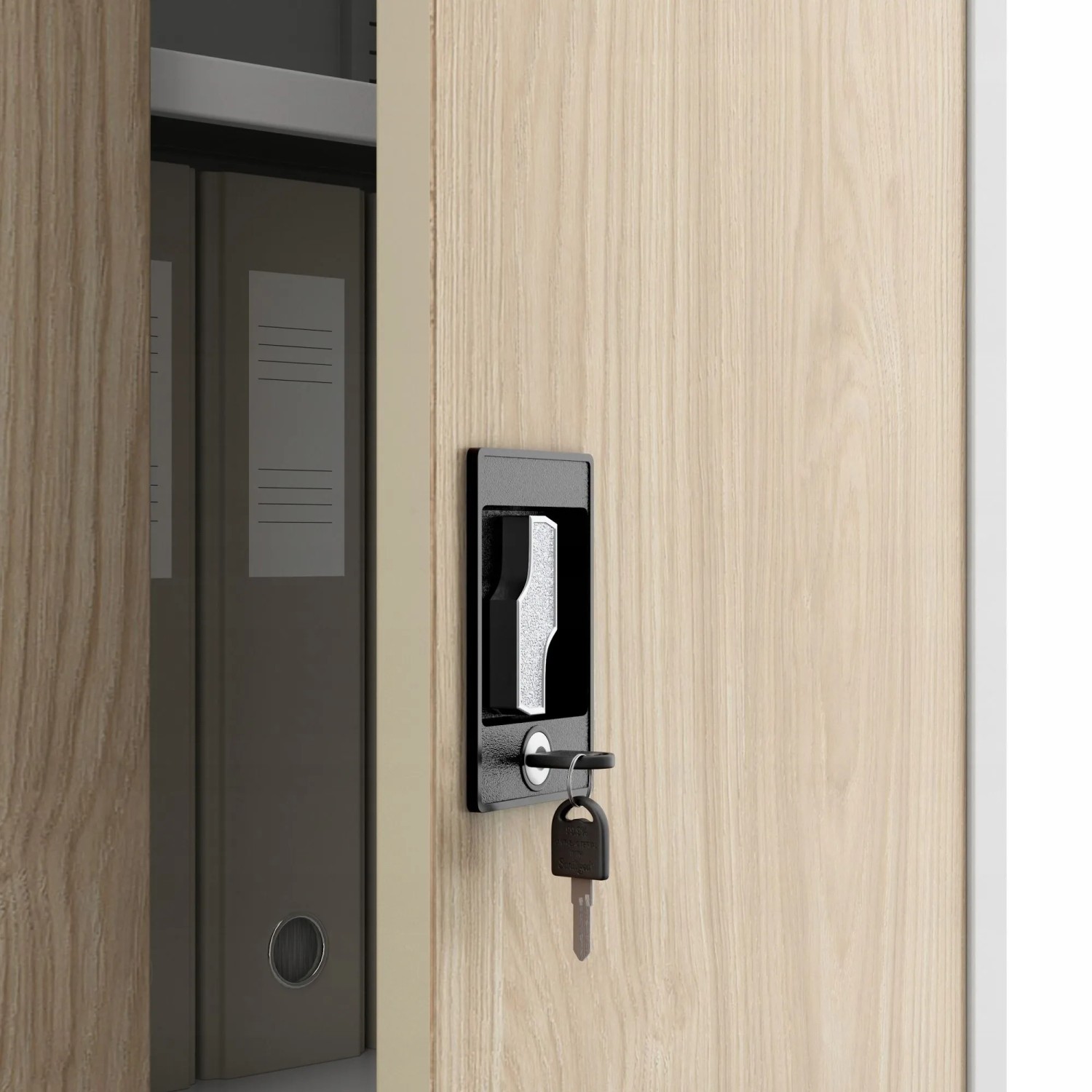 Detailaufnahme: Jan Nowak Metall Aktenschrank mit Schloss und Schlüssel.