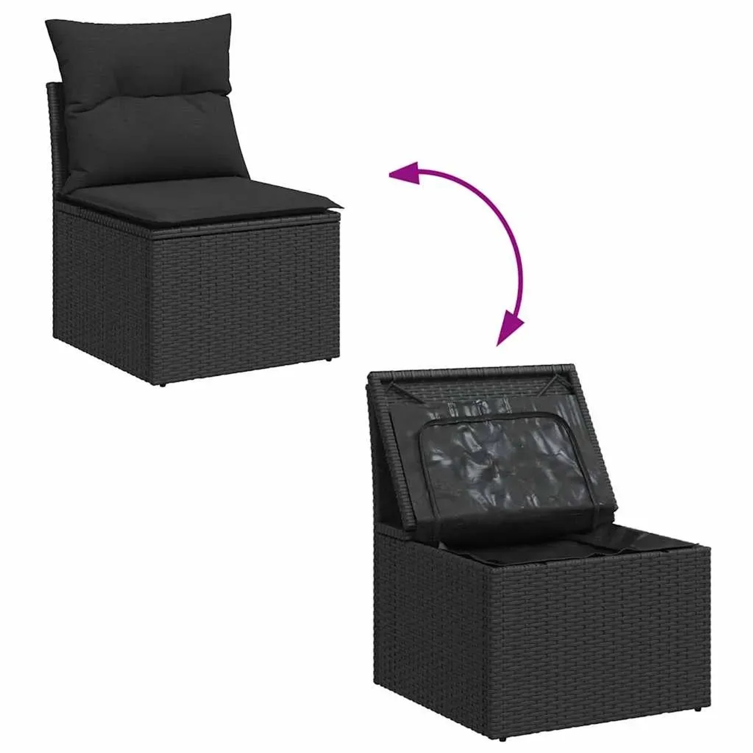 Schwarze 7-tlg. vidaXL Garten-Sofagarnitur aus Polyrattan mit Staufach und Kissen.
