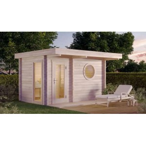 Finntherm Gartensauna Feldkirch-70 aus naturbelassenem Holz mit Flachdach und runden Fenster.