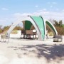 Meergrünes Partyzelt mit grauem Gestell auf Sandboden, Tisch und Stühle darunter. Ideal für Outdoor-Events.