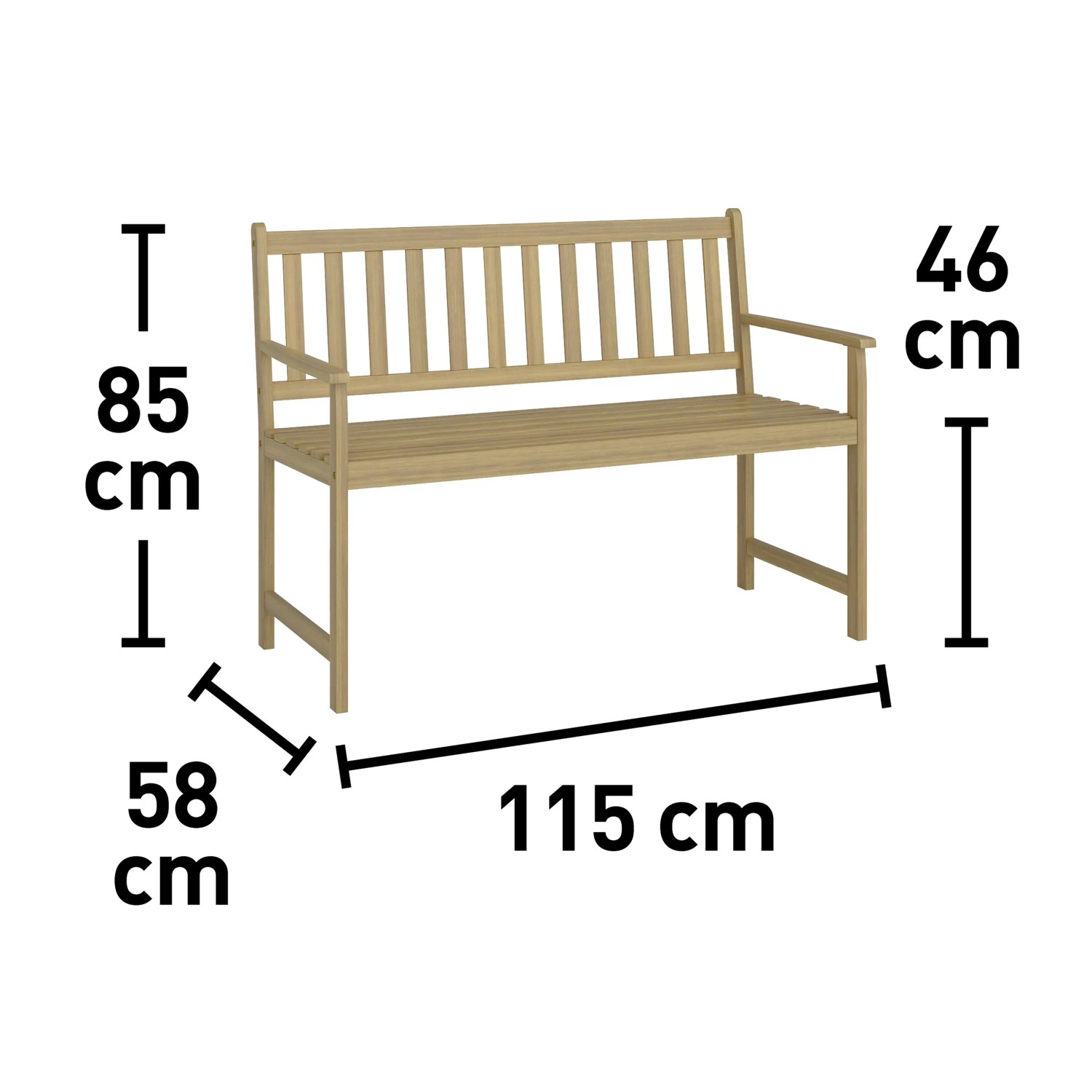 Gartenbank Kentwood 2-Sitzer aus Akazienholz mit Maßangaben.