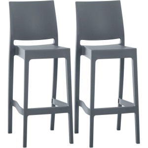 Zwei dunkelgraue CLP Maya Barhocker aus Kunststoff mit Rückenlehne und Fußstütze. Modernes Design für Küche oder Bar.