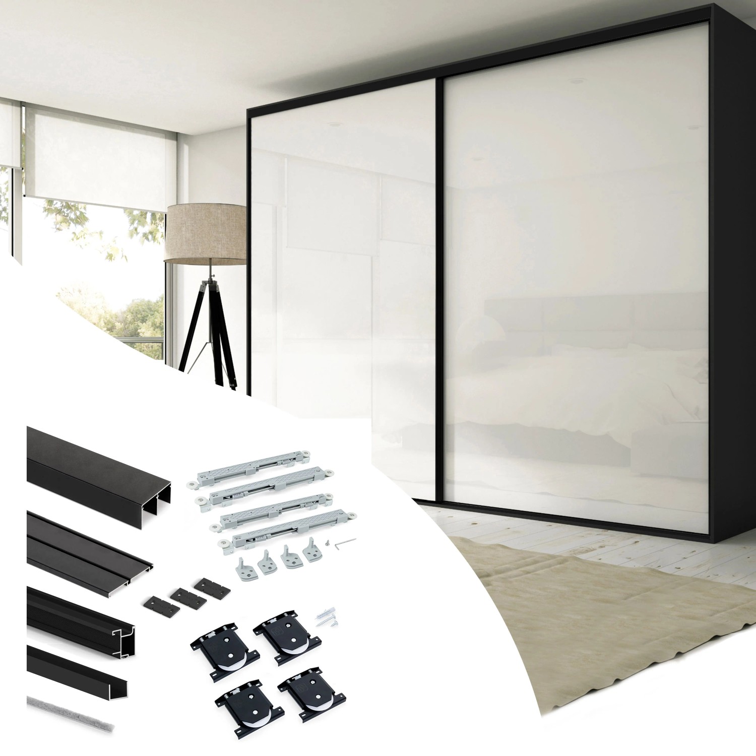 Emuca BeschlagSet für Placard 74 2-Schiebetüren-Kleiderschrank mit Soft-Close Griffmodell Sharp für 16 mm Stärke ohne Paneele Schwarz Lackiert