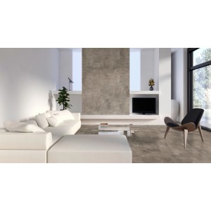 Wohnraum mit Classen Neo Vario Marron Dekor-Paneelen in Steinoptik an Wand und Boden.