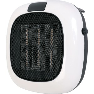 Kompakter, weißer Steckdosen-Heizlüfter mit schwarzem Gitter und Bedienelementen. Elektrisches Heizgerät mit 700 W Leistung.