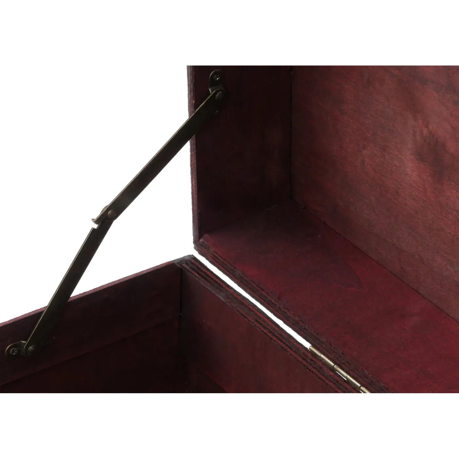 Geöffnete, eckige MCW Holztruhe Antibes in Antikoptik, Detailansicht des Innenraums und des Scharniers.