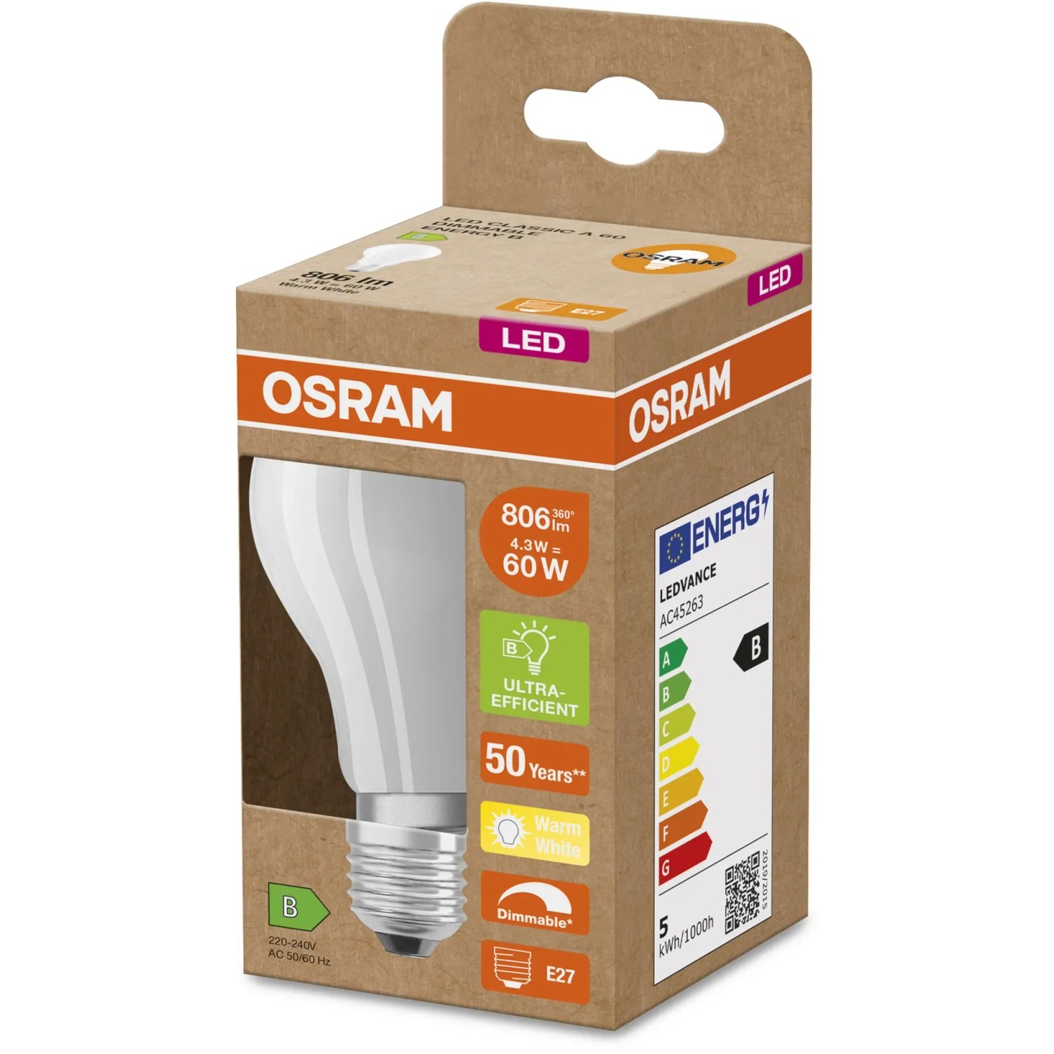 Osram LED-Lampe E27, 4,3W, 806 lm, Glühlampenform, warmweiß, matt im Karton.