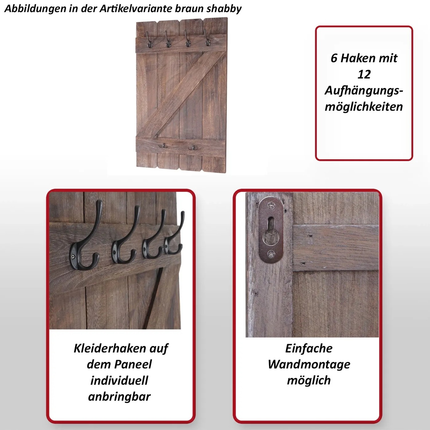 MCW Wandgarderobe D13 Dunkelgrau Shabby mit 6 Haken und 12 Aufhängungen.