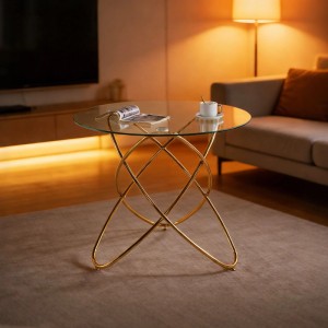 Runder Wohnzimmertisch mit Glasplatte und goldenen Metallbeinen. Moderner Esstisch für stilvolle Räume.