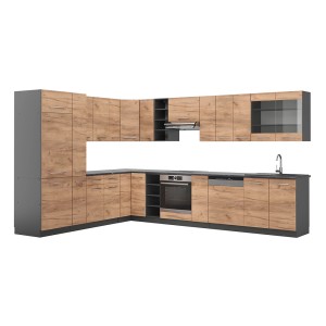 Vicco Fame-Line Eckküche in Goldkraft Eiche/Anthrazit, 347x257 cm, ohne Arbeitsplatte.