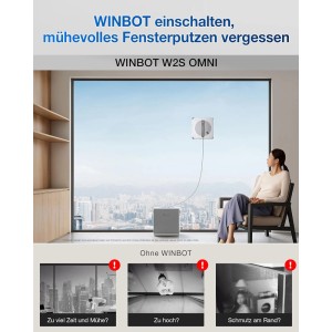 Ecovacs Winbot W2S Omni Fensterputzroboter in Grau bei der Arbeit an einem Fenster.