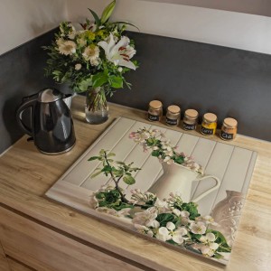 Banjado Herdabdeckplatte Glas mit Kirschblüten-Motiv, auch als Schneidebrett nutzbar.