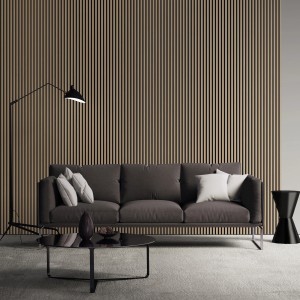 Wohnraum mit Amadeo Akustikpaneel Eiche Natur an der Wand hinter einem Sofa.