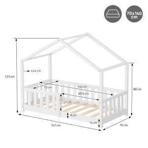 Weißes ML-Design Hausbett (70x140 cm) aus Kiefernholz mit Rausfallschutz und Lattenrost.