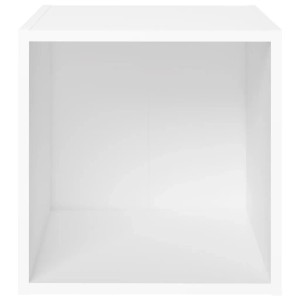 Weißer TV-Schrank aus Holzwerkstoff, würfelförmig mit offenem Fach. Modernes Regal für Wohnzimmer.