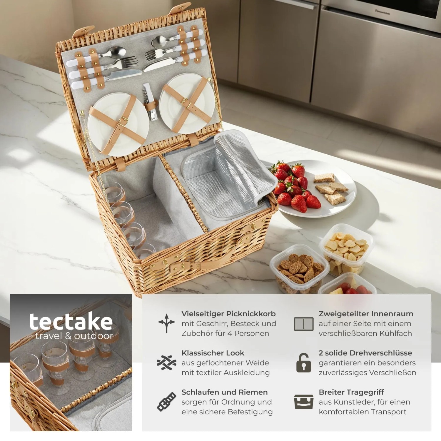Tectake Picknickkorb Föhr Für 4 Personen Integriertes Kühlfach 37 x 45 x 21 cm Braun_2