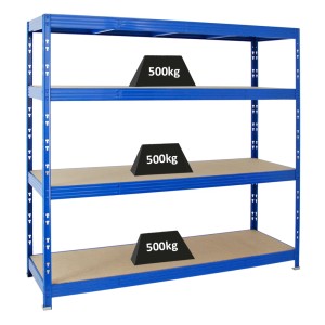 Blaues PROREGAL Schwerlastregal Rhino mit 4 Spanplatten-Ebenen und je 500 kg Fachlast.