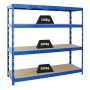Blaues PROREGAL Schwerlastregal Rhino mit 4 Spanplatten-Ebenen und je 500 kg Fachlast.