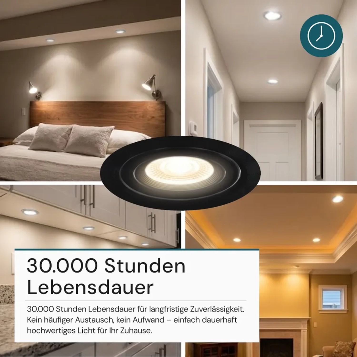 Schwarzer, dimmbarer LED Einbauspot mit Farbwahl, 7W, 600lm, 38° Abstrahlwinkel in verschiedenen Wohnbereichen.