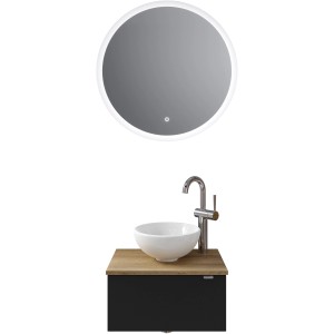 Pelipal Badmöbel-Set Serie 6915, Schwarz Matt/Riviera Eiche, mit Aufsatzbecken und LED-Spiegel.