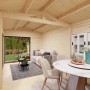 Innenansicht: Naturbelassenes Palmako Gartenhaus Amanda mit Schiebetüren und Fenster.
